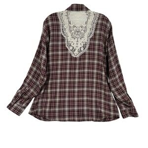 Kate & Sam Women L Plaid Button Down Shirt Lace Back Crochet Sleeve Burgundy